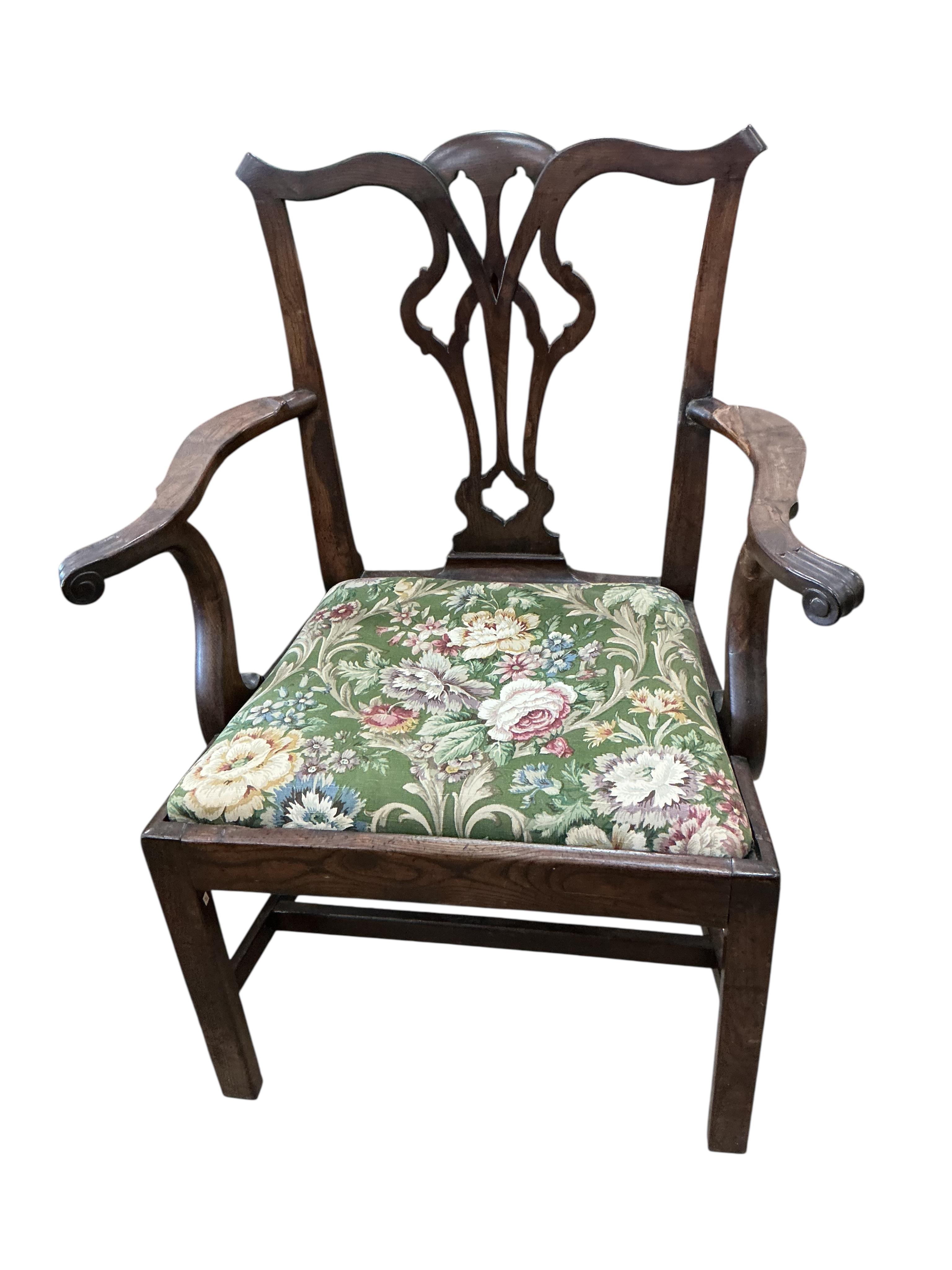 Two George III mahogany and elm elbow chairs, larger width 74cm, height 94cm